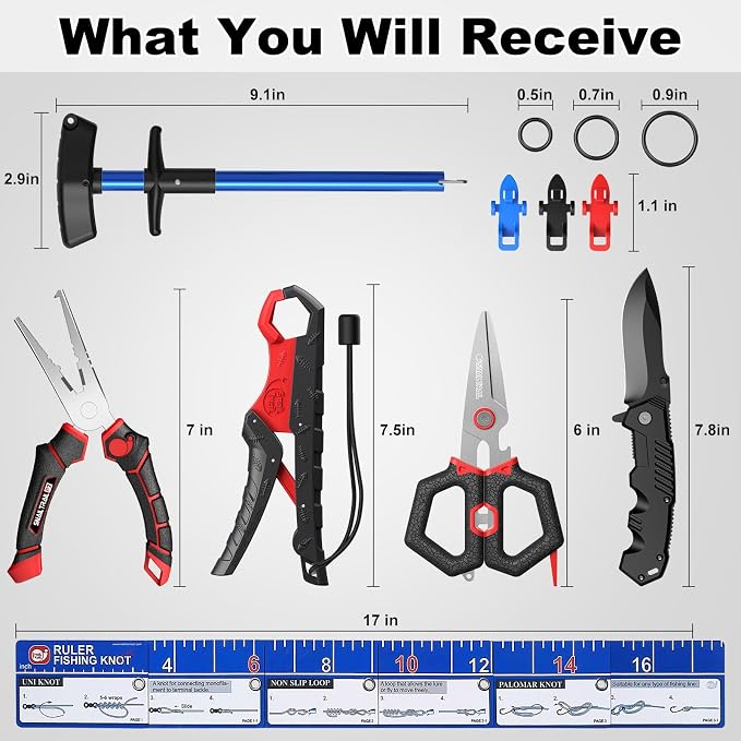 SNAIL TRAIL 7pc Fishing Tool Kit - 17" Pocket Fish Ruler & Knot Tying Guide, Split Ring Pliers, Braid Scissors & Bait Knife. Fish Lip Gripper, Hook Remover and Hook Keeper. Fisherman Gifts