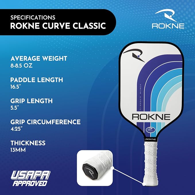 ROKNE Curve Classic Pickleball Paddle | USAPA Approved Fiberglass Pickleball Paddles | Precision Engineering & Comfort | ProGrit Texture for Max Spin & Power | Paddle