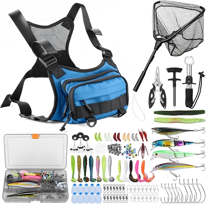 Fishing Chest Pack Vest Bag Floating Landing Net Accessory Gifts for Men | Tackle Box, Fishing Lures Kit, Hook Remover, Fish Lip Gripper, Fishing Plier Friendly for Beginners (w/ Fish Net) Blue