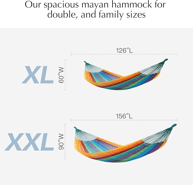PNAEUT Handwoven Mayan Hammocks for Outside, Handwoven Thick Soft Rope Double Hammocks for Outdoor Indoor, Max 600 lbs Capacity, Tree Straps, Carabiners & Carrying Bag Included (Tropical, X-Large)