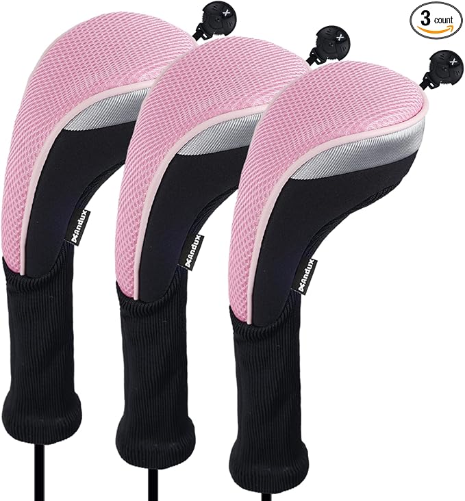 Andux 3pcs Long Neck Golf Hybrid Club Head Covers Dial No. Tag CTMT-02 | Mesh Breathable material | all the Same Size | Coloured Piping | Pull-On Closure