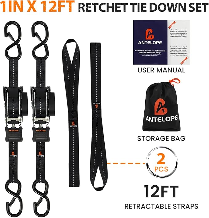 Retractable Ratchet Straps (2PK) - 1 in x 12 ft Automaitc Ratchet Tie Down Straps with Soft Loops, 1500lb Break Strength Self Retracting Strap for Motorcycle, Truck, Cargo, Trailer, ATVs, UTVs -Black