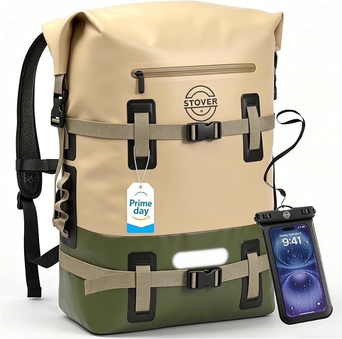 STOVER 55L Waterproof Dry Backpack & Phone Case - 2XL Floating Dry Bag for Kayaking, Travel, Hiking, Fishing, Camping, Motorcycles & Beach, Heavy-Duty Roll Top Men/Women (Tan/Army Green/Brown)