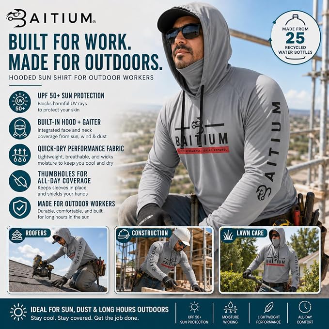 Fishing Shirts for Men,UPF50 Hooded Long Sleeve with Gaiter, Sun Protection Dry Fit Apparel, Face Mask, Fishing Clothes