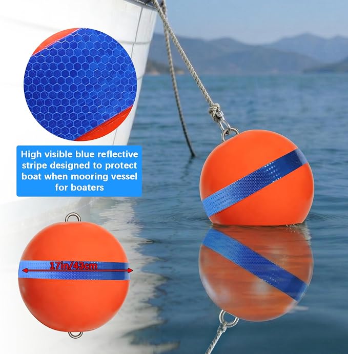 Mooring Buoy Boat Mooring Ball Float with Reflective Blue Stripe to Protect Boat,12/15/18 Inch Illuminated Buoy