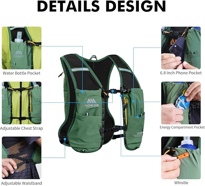 AONIJIE Running Hydration Vest for Men & Women, 8L Hydration Backpack, Multiple Pocket Designs for Water Bottles/Bladders, Lightweight Breathable for Hiking, Climbing, Marathon & Cycling