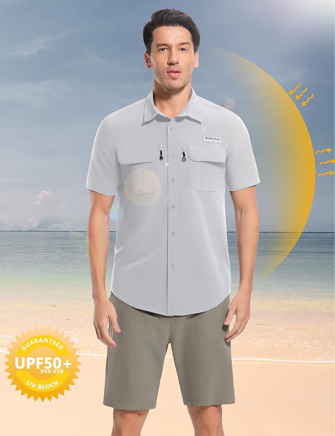 Men's Outdoor Sun Protection Shirts Short Sleeve Quick Dry Lightweight Breathable UPF50 Hiking Fishing Travel Camping