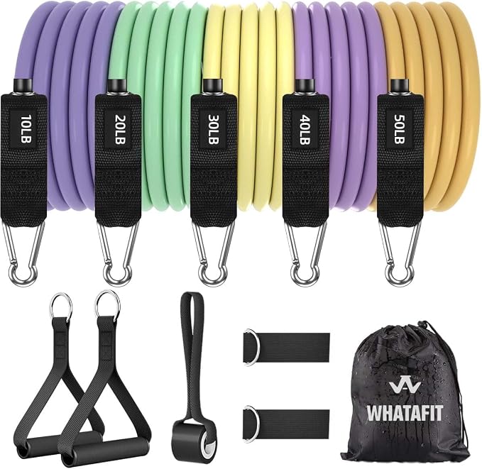 WHATAFIT Resistance Bands, Exercise Bands, Workout Bands with Handles, Door Anchor and Ankle Straps, 5 Resistance Levels Fitness Bands for Strength Training, Physical Therapy, and Home Gym Equipment