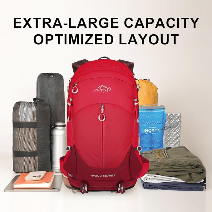 IX INOXTO Hiking Backpack, Camping Backpack, 30L Waterproof Hiking Daypack with 3L Water Bladder and Rain Cover (Red)