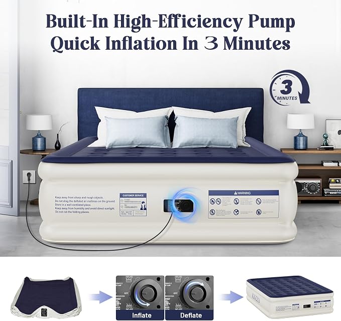 KNZZO Air Mattress Queen with Built-in Pump, Blow Up Mattress with Soft Flocked Top, Leakproof Inflatable Mattress, Foldable Waterproof Air Bed for Home, Guests, Camping, with Storage Bag