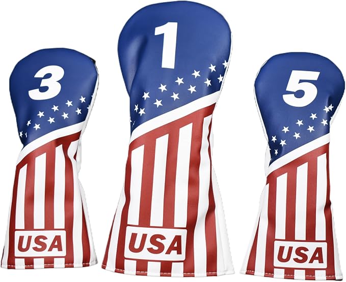 US Flag 3pcs Golf Club Headcovers, PU Leather Head Covers for Drivers Fairway Woods Hybrids, Waterproof Protective Golf Club Covers for Men Women Golfers