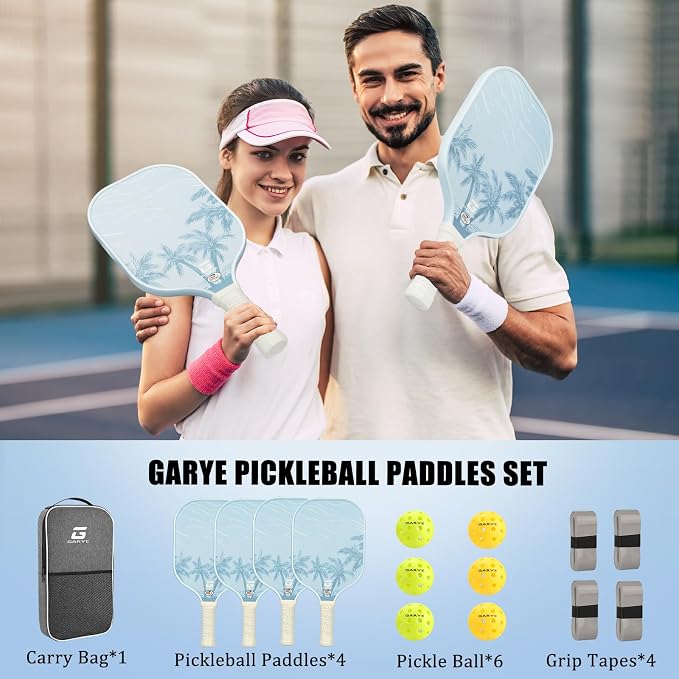 GARYE Pickleball Paddles Set of 2 or 4, USAPA Approved Carbon Fiber Pickleball Set, Lightweight Pickle Ball Rackets 2 Pack with 6 Balls, 1 Bag, Pair of Grip Tapes, Pickle Ball Paddle for Men and Women