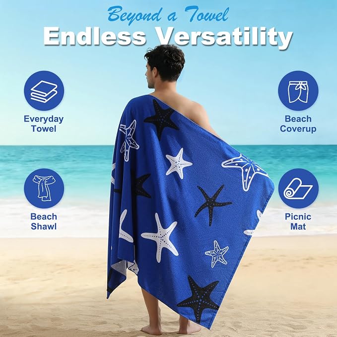 Jessy Home Microfiber 4 Pack Beach Towel Set, 40x70in Oversized Beach Towel, Quick-Dry Sand-Free Highly Absorbent Swim Towel, Soft Pool Towel, Marine Mixed Prints of Starfish & Sea Turtle for Vacation