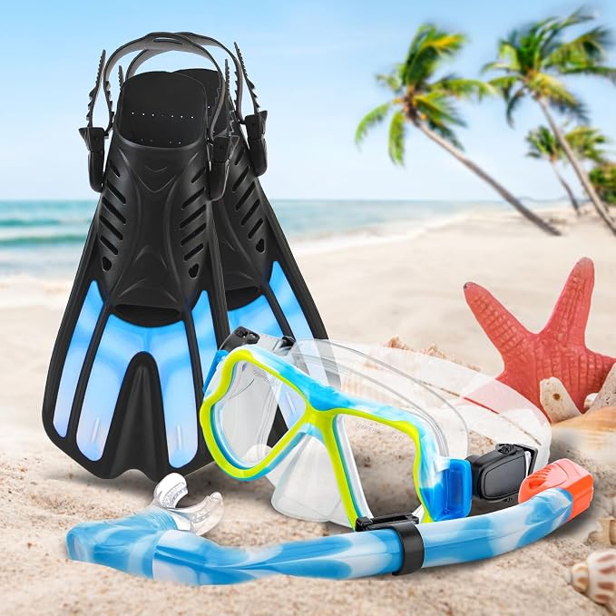 Snorkeling Gear for Kids, 4 in 1 Child Mask Fins Snorkel Set with Panoramic View Anti Fog Mask, Dry Top Snorkel, Trek Fins and Travel Bag, Kids Snorkeling Set with Fins for Snorkeling Swimming