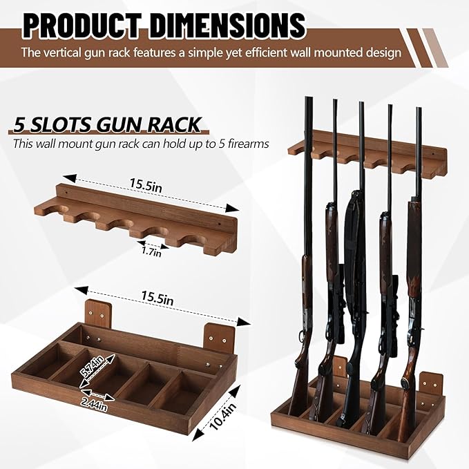GlikCeil 1 Set Wooden Vertical Gun Rack Wall Mount Indoor Hold up to 5 Long Guns Shotguns Rifle Racks Display Holder Stand for Firearms Display Storage Home Accessories Office