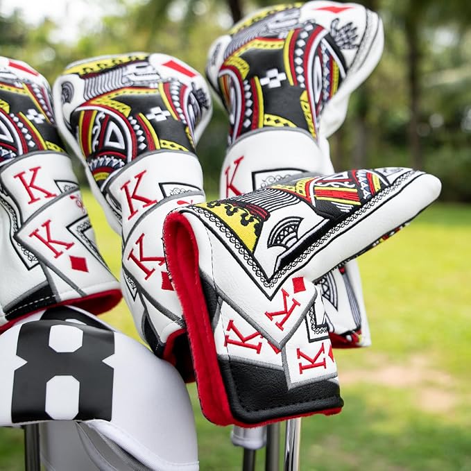 Golf Club Covers Poker Diamond King Driver Cover Fariway Wood Headcover 3 Hybrid Head Covers Blade Putter Cover Mallet Putter Haedcovers with Magnetic Closure for Most Brand