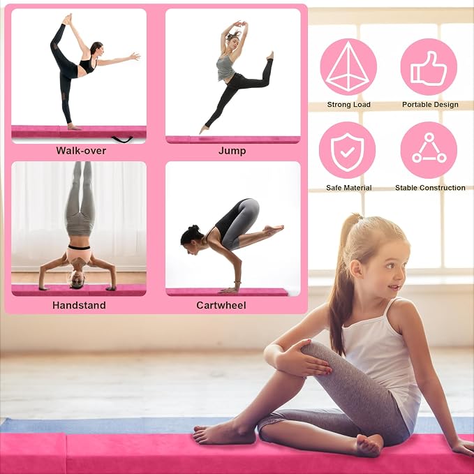 FBSPORT 8ft/9ft/9.5ft Balance Beam Folding Gymnastics Beam Foam Balance Floor Beam Equipment for Kids Adults, Suede Cover Anti Slip Base with Carry Bag for Home School Gym Training