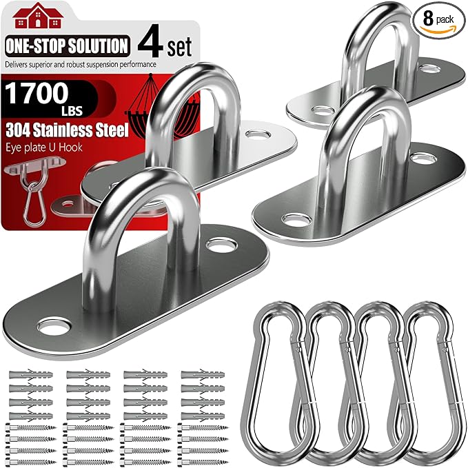 sprookber 304 Stainless Steel Pad Eye Snap Hooks, M10 Heavy Duty Ceiling Hooks, 1700lb Capacity Hammock Swing Hanging kit, Plant Hangers, Marine Hardware Staple Hook Loop with Screws, Set of 8