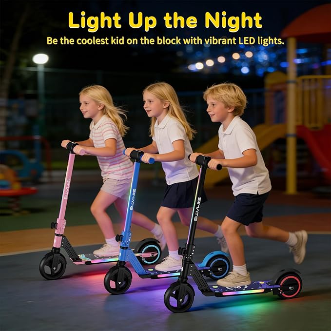 SIMATE Electric Scooter for Kids 6-14, e Kick Scooter with LED Display and Colorful Lights, Adjustable Height and Foldable, Double Brake, Gifts for Kids Girls Boys