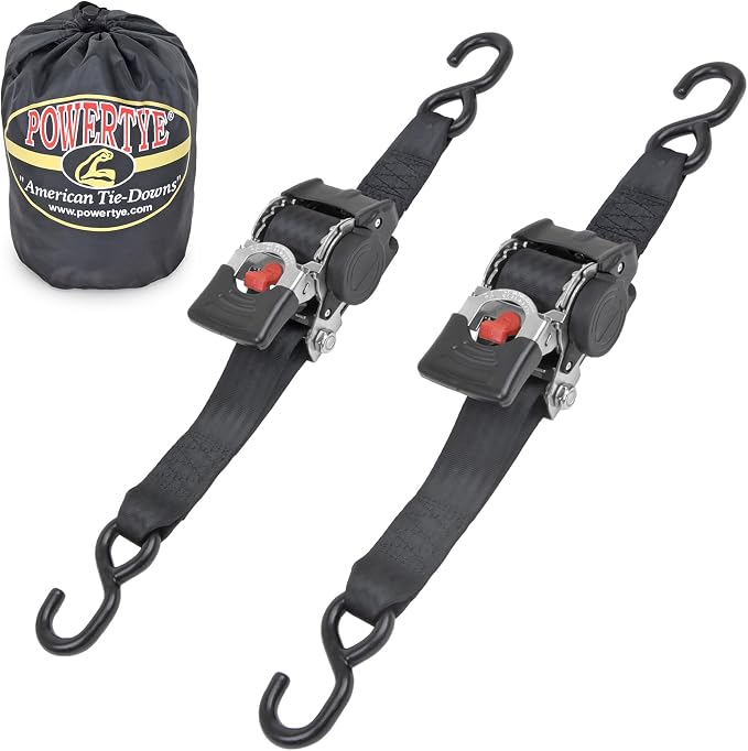 PowerTye *NEW* 2 inch x 10ft Long Retractable Ratchet Tie Down Strap with S-Hooks - Self-Retracting Ratchet, 800 lb W.L.L., Ideal for Motorcycle, ATV, Cargo, Includes Storage Bag, Black (Pair)