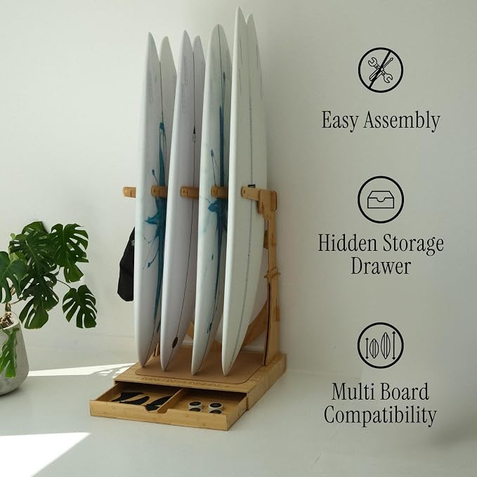 LISS Spirit Surfboard Rack Stand Holder for 3 & 4 Boards, Indoor Storage Display for Longboard, Shortboard, Snowboard, Wakeboard, Skateboard Up to 10Ft Long
