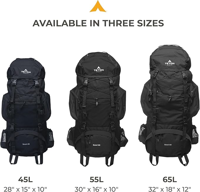 Teton 65L Scout Internal Frame Backpack for Hiking, Camping, Backpacking, Travel, Rain Cover Included, Pacific