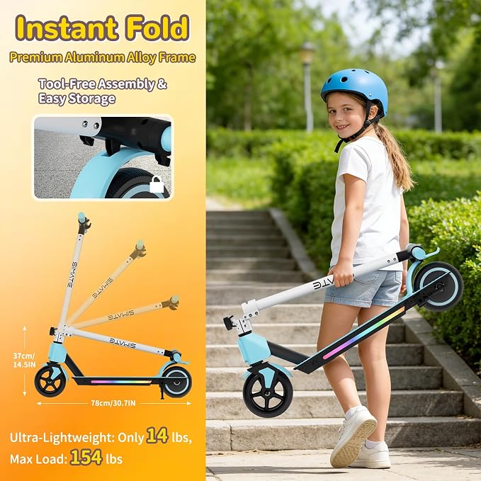 SIMATE Electric Scooter for Kids 6-14, Colorful Lights & Double Brake System, Aluminum Alloy Frame, Foldable, LED Display, for Boys Girls