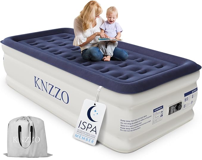 KNZZO Air Mattress Twin with Built-in Pump, Blow Up Mattress with Soft Flocked Top, Leakproof Inflatable Mattress, Foldable Waterproof Air Bed for Home, Guests, Camping, with Storage Bag
