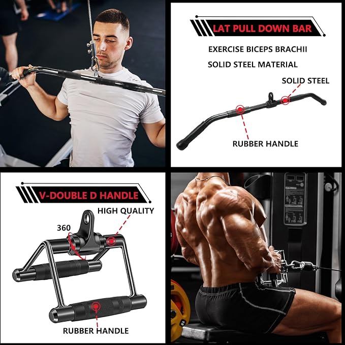 LAT Bar Cable Attachment with Rubber Handgrips, Deluxe Heavy Duty Solid Curl Bar Revolving Hanger Home Gym Cable Attachments (Black 35.5 inch Set)