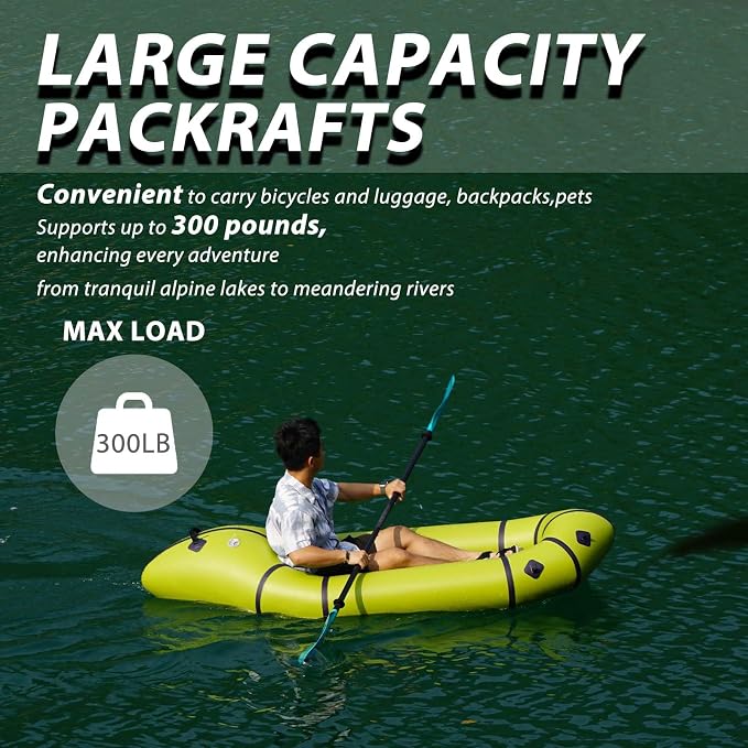 PVC Packrafts,1 Person Packraft for Flat Water Rafting Camping Trip/Fishing/Water Adventures, Travel Kayak with Two-Way Manual Pump, 300lb Weight Capacity