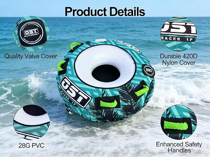 1 Person Towable Tube for Boating, Inflatable Water Tube with Heavy-Duty PVC & Nylon Cover, 4 Grip Handles, Quick Connect Tow System, Durable Water Sports Tube for Adults & Teens