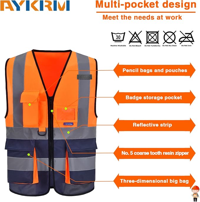 6XL-8XL Orange&Navy High visibility vest,ZIPPER Reflective Safety Vest Workwear 7 Pockets Hi Vis Durable Vest with Reflective Tapes