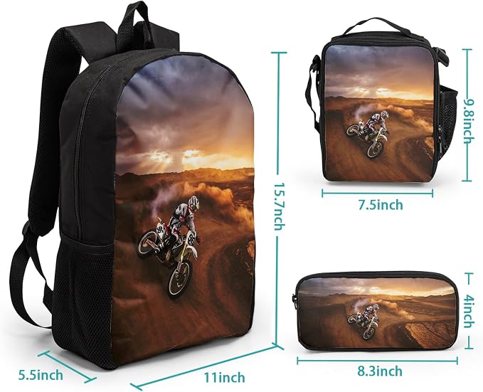 Giwawa Cool Dirt Bike Motocross School Backpacks for Teen Boys Motorcycle Vehicle in Desert Backpack School Bookbag Set Lunch Bag Pencil Case