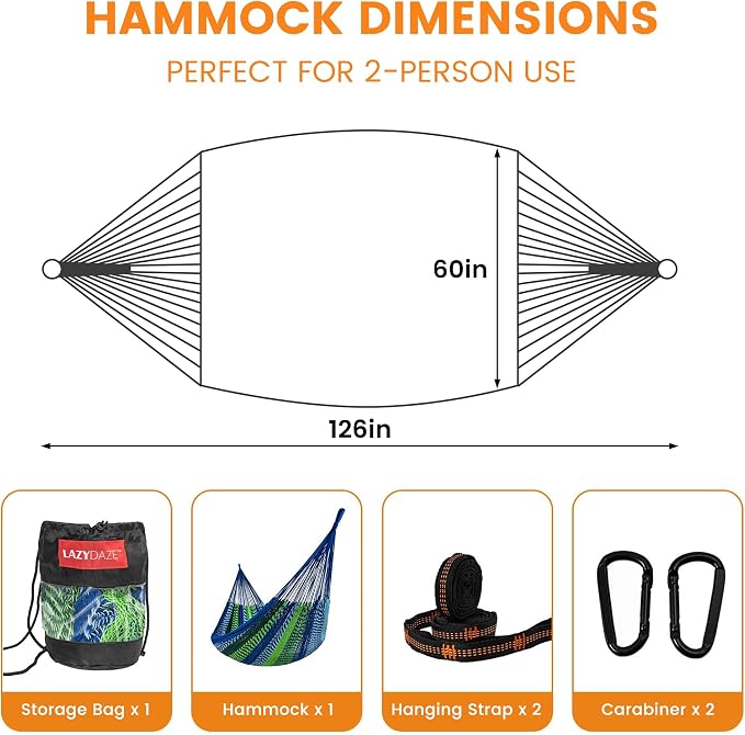 Lazy Daze Hammocks Handwoven XL Mayan Hammock, 10.5 FT Soft Rope Double Hammocks, Portable Outdoor Hammock with Carry Bag, 2 Straps & Carabiners for Patio Outside, 550 lbs Weight Capacity, Blue/Green