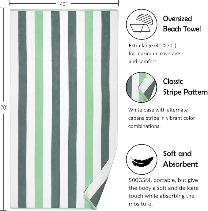 Bornbay Large Beach Towel Oversized - 40"X70" Big Cute Beach Towels, Extra Large Thick Green Pool Towel, XL Beach Towel Oversize, Giant Striped Cotton Towel for Adults