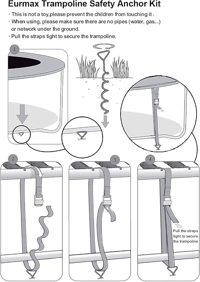 EURMAX USA 4-Pack Windproof Trampoline Stakes Anchor Kit-Steel Corkscrew Anchor,Heavy Duty Tie Down Kit with T-Hook&Reinforced Safety Straps,Secure Weatherproof Protection for Trampoline,Tent&Playset