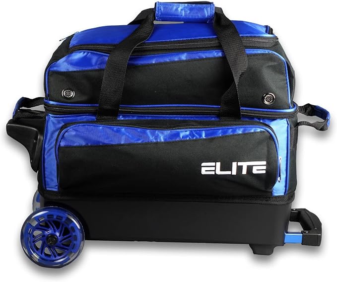 ELITE Deluxe 2 Ball Bowling Bag with 5" Smooth Wheels - Large Accessory Pocket, Shoe Compartment, 36" Extendable Handle