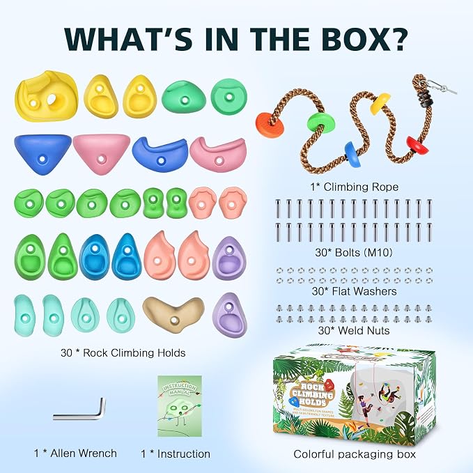 TOPNEW 30PCS Rock Climbing Holds with 6.56FT Climbing Rope - Climbing Rocks for Indoor/Outdoor Kids Adults Rock Wall, Play Set & Playground Gym