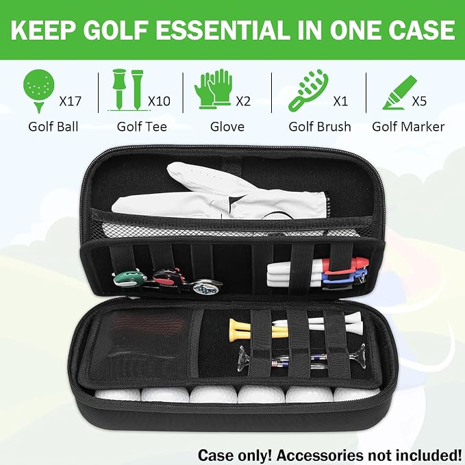 Golf Glove Holder Case with Glove Shaper - Protective Hard Shell Golf Accessories Case Bag with 2 Dividers Fits Balls, Tees, Markers - Ideal Gift