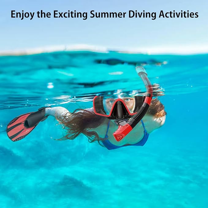 Snorkeling Gear for Adults,Mask Fins Snorkel Set,Panoramic View Diving Mask Anti-Fog,Dry Snorkel,Adjustable Swim Flippers and Travel Bag,Adults Snorkel Gear for Swimming Snorkeling Diving