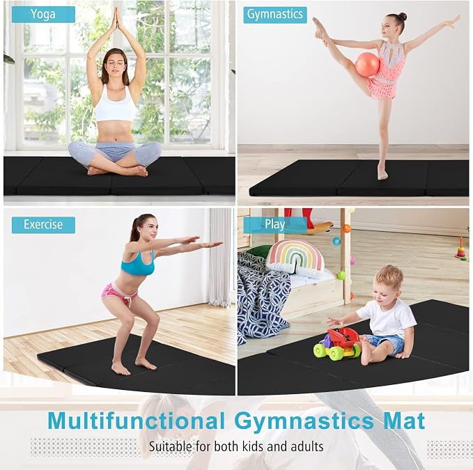 Goplus Gymnastics Mat, Folding Tumbling Mat with Carry Handles, Hook & Loop Fasteners, 4 Panels for Fitness Exercise Yoga Stretching Aerobics Workouts, Thick Gym Mats for Home