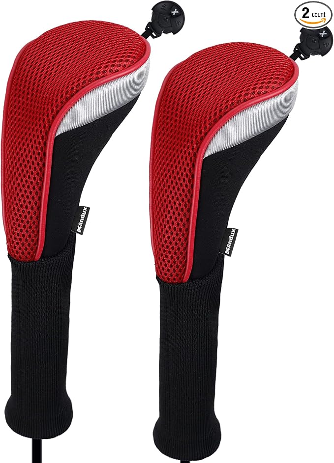 Andux 2pcs Long Neck Golf Hybrid Club Head Covers Dial No. Tag CTMT-02 | Mesh Breathable material | all the Same Size | Coloured Piping | Pull-On Closure