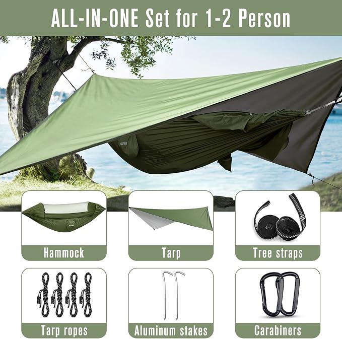 G4Free Large Camping Hammock with Mosquito Net and Rain Fly- 2 Person Portable Hammock with Bug Net and Tent Tarp for Outdoor Hiking Camping Backpacking Travel(Army Green with Rain Fly)