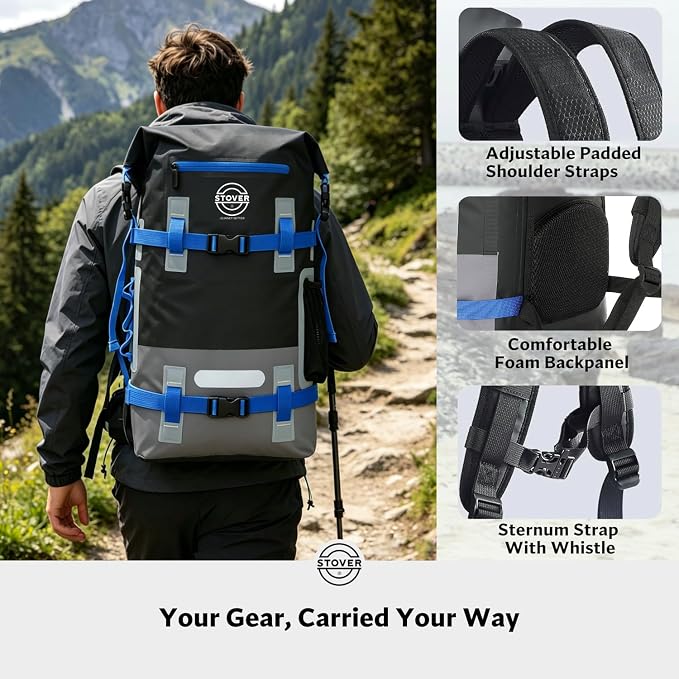 STOVER 40L Waterproof Dry Backpack & Phone Case - X-Large Floating Dry Bag for Kayaking, Travel, Hiking, Fishing, Camping, Motorcycles & Beach, Heavy-Duty Roll Top Men/Women (Black/Grey/Blue)