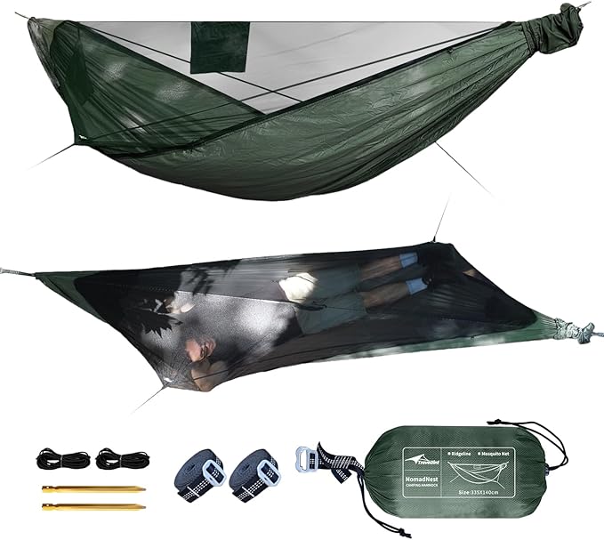 NomadNest 11ft Camping Hammock with Net and Ridge Rope, Detachable Full-Open Mesh, Lightweight Portable Hammocks for Camping Hiking Backpacking