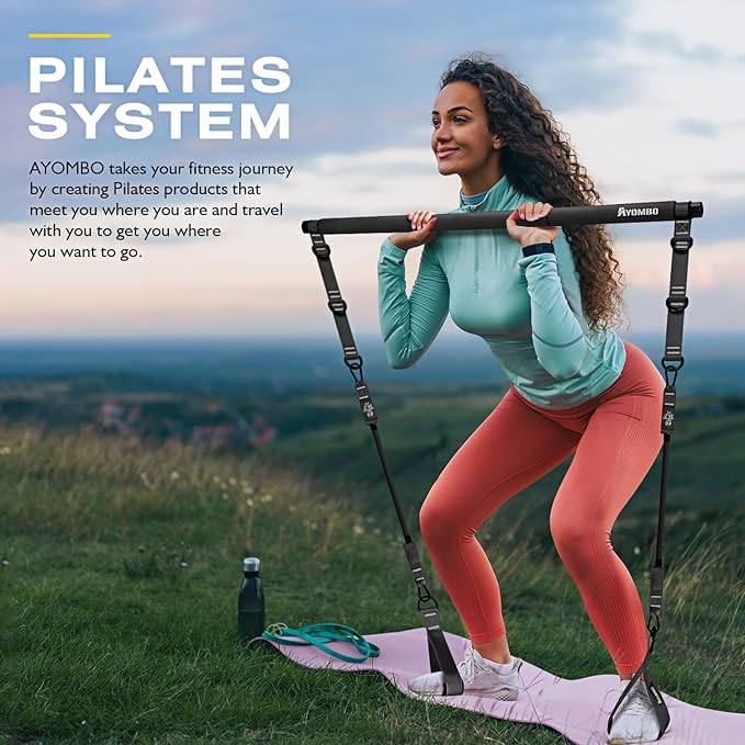 Ayombo Pilates Bar Kit with Resistance Bands, Pilates Workout Equipment for Legs, Hip, Waist, Arm, Squats Exercise Equipment for Home Workouts, Adjustable 3-Section Pilates Bar Kit for Women & Men