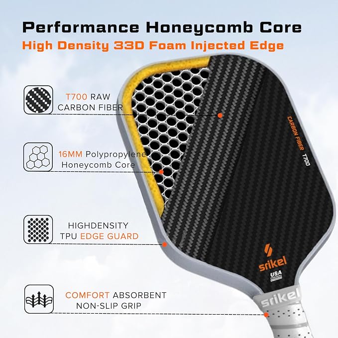Pickleball Paddles, Raw T700 Carbon Fiber Pickleball Paddle, 16mm Power Polymer Core, Professional Rackets for Great Spin, Control & Precision Shots, USAPA Approved
