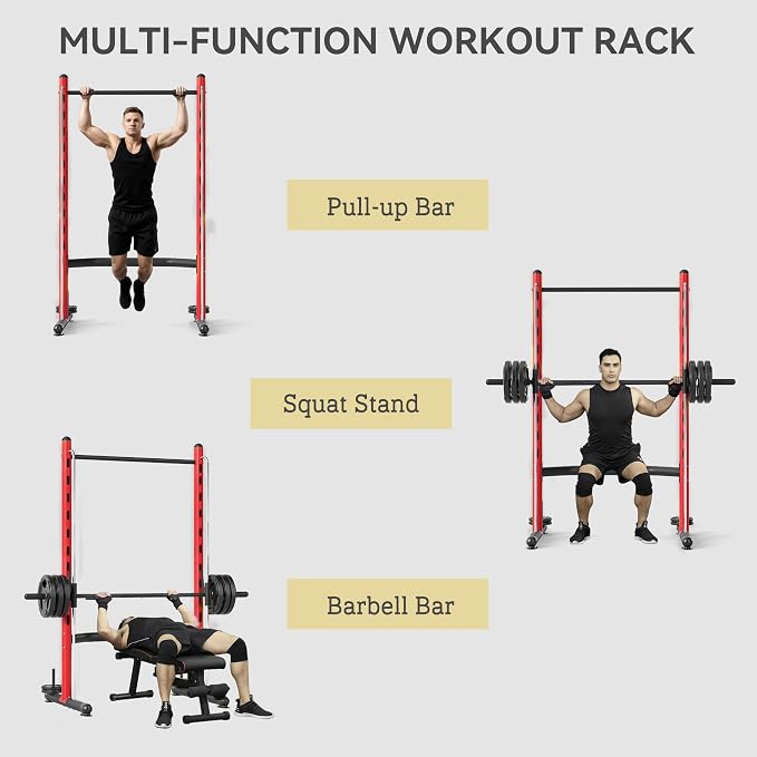 Soozier Squat Rack with Pull-Up Bar, Adjustable Power Rack with Barbell Bar, Multi-Functional Steel Bench Press Rack for Home Gym Strength Training, Black