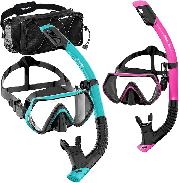 DRMAWIN Snorkeling Gear for Adults & Kids, Dry-Top Snorkel Set with 180° Tempered Glass Mask, Anti-Fog Anti-Leak, Travel Mesh Gear Bag