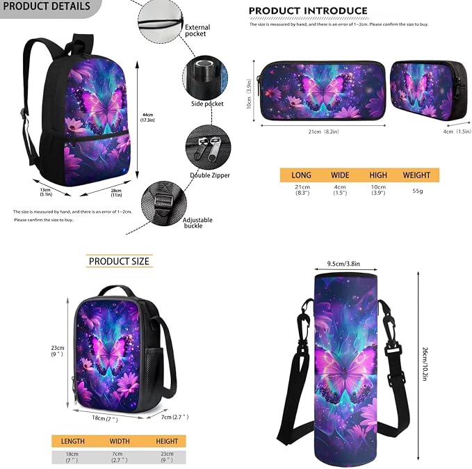 Galaxy Butterfly Backpack for Girls School Bag with Lunch Box Pencil Case Water Bottle Holder 4 PCS Bookbag Casual Boys Daypack Back to School Accessories